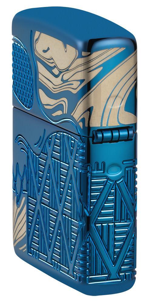 Skull Design Armor?« High Polish Blue Windproof Lighter standing at an angle, showing the back and hinge side of the lighter.